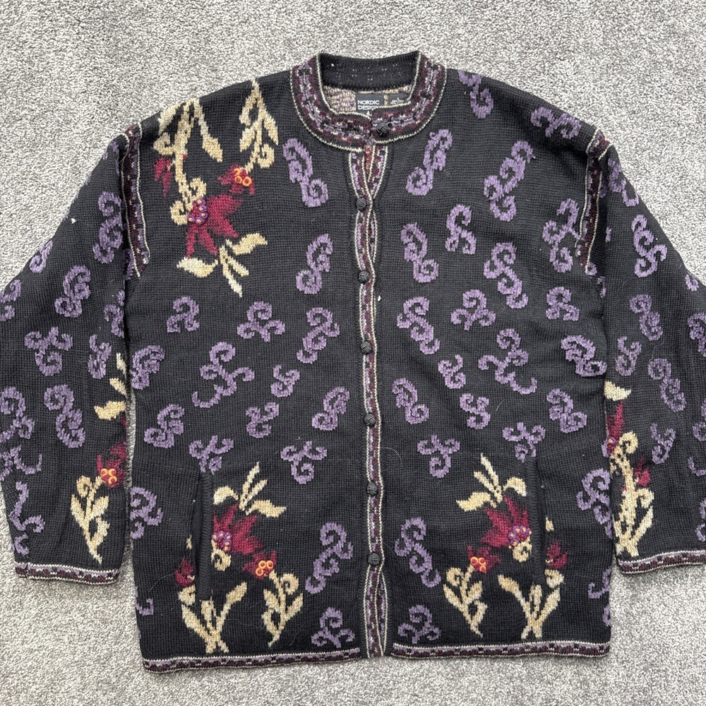 VTG Womens L Nordic Designs Sweater Cardigan Button Front Black Boho Cottagecore